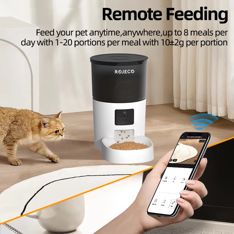 Pro Automatic Pet Food Dispenser feeding a cat and dog, demonstrating versatility for multi-pet households.