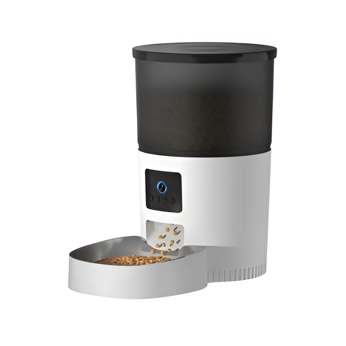 Front view of the Pro Automatic Pet Food Dispenser showcasing its sleek design and user-friendly buttons.